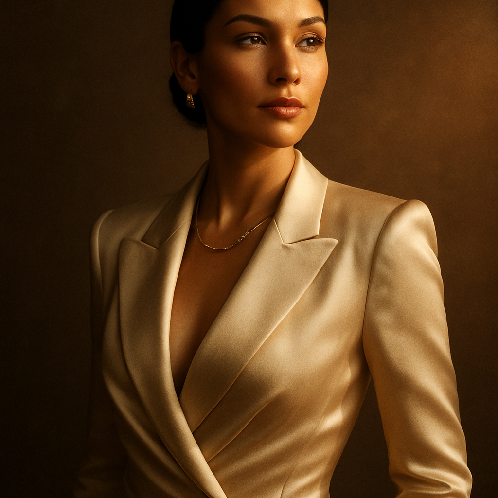 An elegant woman in champagne silk, calm and powerful